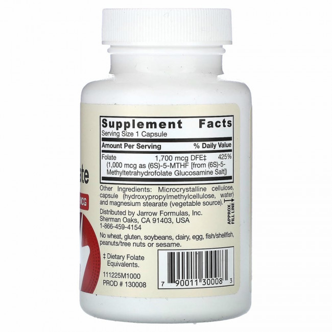 Jarrow Formulas, метилфолат, 1000 мкг, 100 вегетарианских капсул Jarrow Formulas, метилфолат, 1000 мкг, 100 вегетарианских капсул
