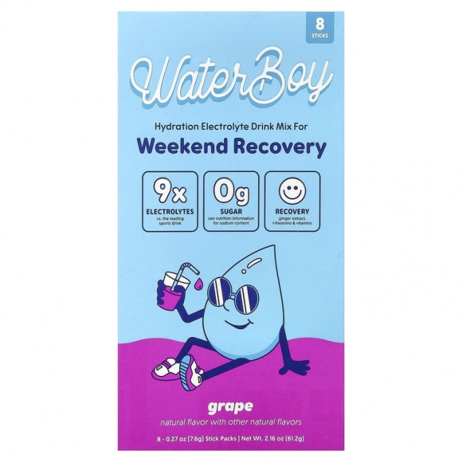 Waterboy, Weekend Recovery, смесь для приготовления гидратирующего и электролитного напитка, со вкусом винограда, 8 пакетиков по 7,6 г (0,27 унции) Waterboy, Weekend Recovery, смесь для приготовления гидратирующего и электролитного напитка, со вкусом винограда, 8 пакетиков по 7,6 г (0,27 унции)