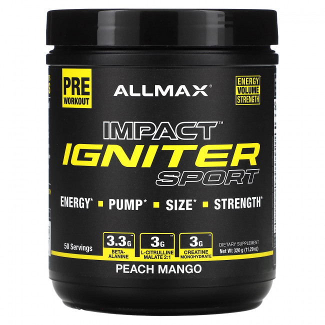 ALLMAX, IMPACT Igniter Sport, перед тренировкой, персик и манго, 320 г (11,29 унции) ALLMAX, IMPACT Igniter Sport, перед тренировкой, персик и манго, 320 г (11,29 унции)