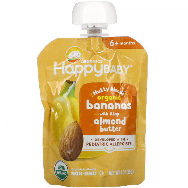 Happy Family Organics, Happy Baby, ореховые смеси, от 6 месяцев, органические бананы с 1/2 ч. Л. Миндальной пасты, 85 г (3 унции) Happy Family Organics, Happy Baby, ореховые смеси, от 6 месяцев, органические бананы с 1/2 ч. Л. Миндальной пасты, 85 г (3 унции)