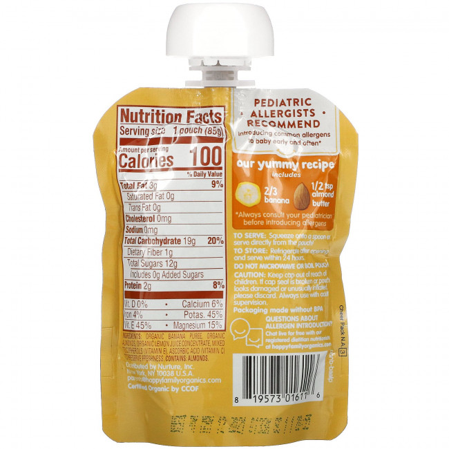 Happy Family Organics, Happy Baby, ореховые смеси, от 6 месяцев, органические бананы с 1/2 ч. Л. Миндальной пасты, 85 г (3 унции) Happy Family Organics, Happy Baby, ореховые смеси, от 6 месяцев, органические бананы с 1/2 ч. Л. Миндальной пасты, 85 г (3 унции)