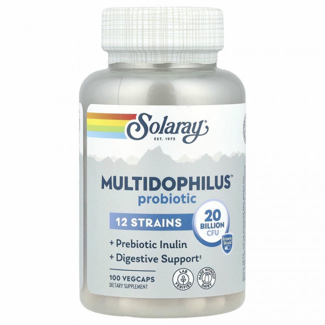 Solaray, Multidophilus, 12 штаммов пробиотических бактерий, 20 млрд КОЕ, 100 капсул с кишечнорастворимой оболочкой