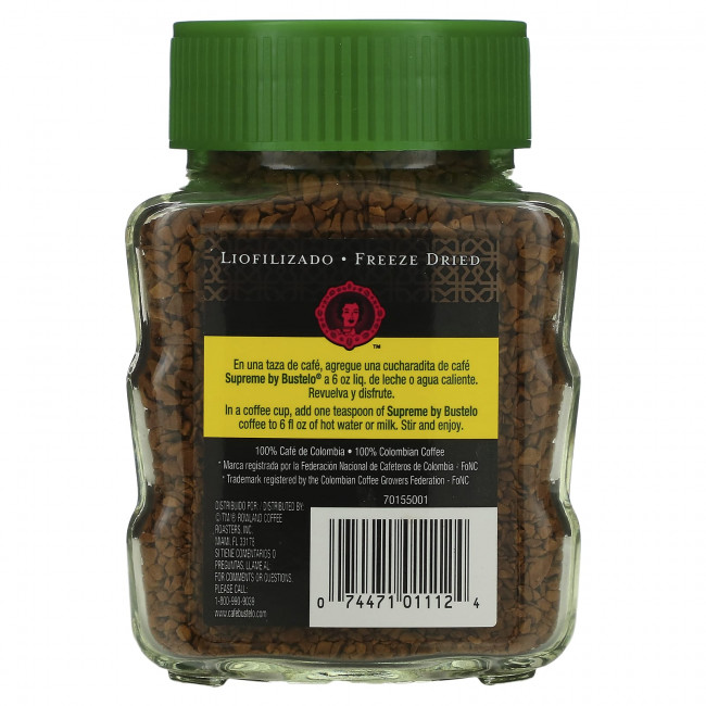 Café Bustelo, Supreme by Bustelo, растворимый кофе, сублимированный, без кофеина, 100 г (3,52 унции) Café Bustelo, Supreme by Bustelo, растворимый кофе, сублимированный, без кофеина, 100 г (3,52 унции)