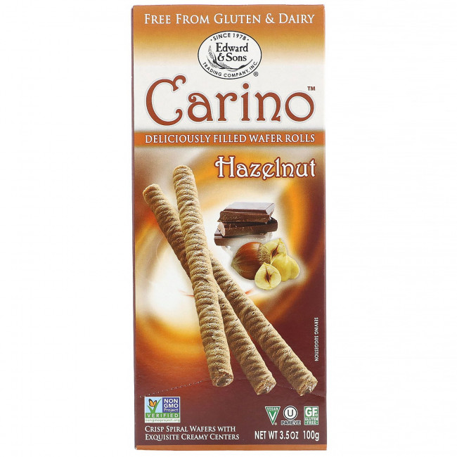 Edward & Sons, Carino, вафельные трубочки с начинкой, лесной орех, 100 г Edward & Sons, Carino, вафельные трубочки с начинкой, лесной орех, 100 г