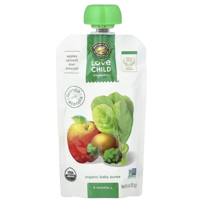 Love Child Organics, Nature's Path, органическое пюре для детей, для детей от 6 месяцев, яблоки, шпинат, киви и брокколи, 113 г (4 унции)