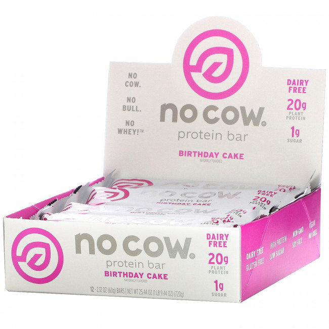 No Cow, протеиновые батончики, вкус «Именинный пирог», 12 шт. по 60 г (2,12 унции) каждый No Cow, протеиновые батончики, вкус «Именинный пирог», 12 шт. по 60 г (2,12 унции) каждый