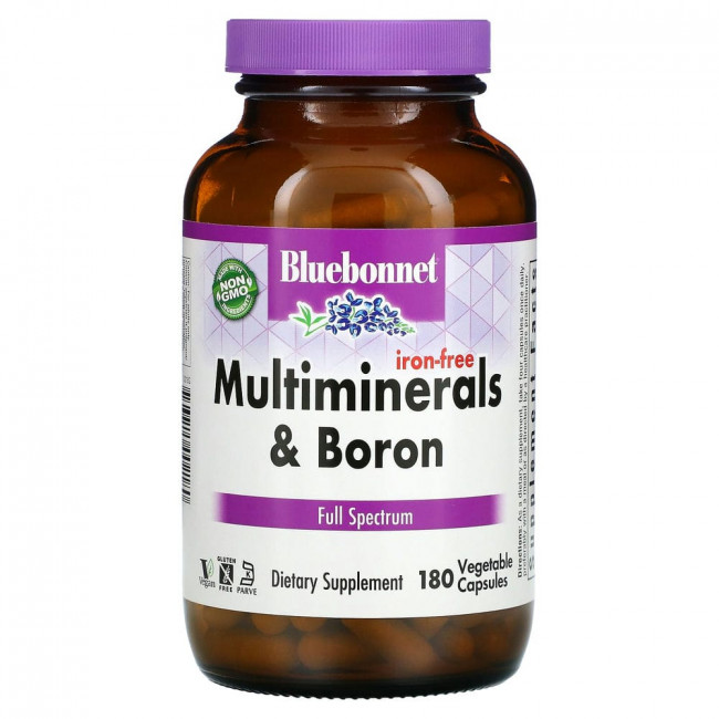 Bluebonnet Nutrition, Мультиминералы с бором, без железа, 180 растительных капсул