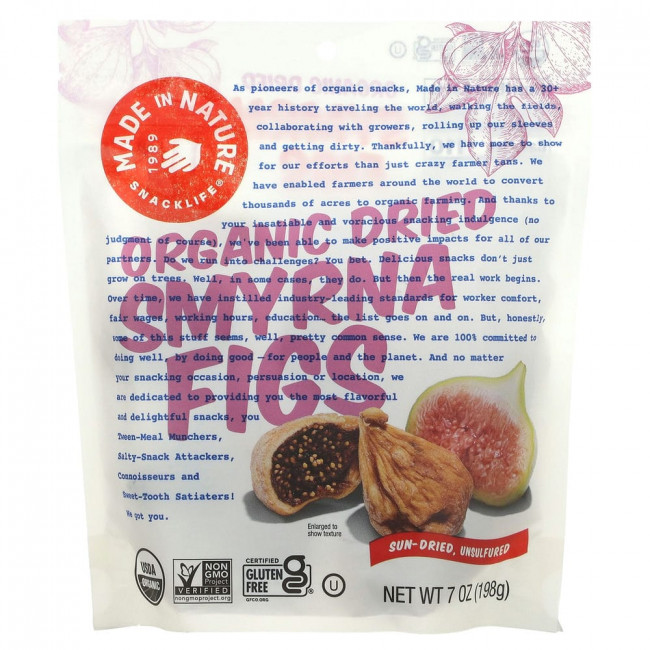 Made in Nature, Органический сушеный инжир, мягкая и чувственная суперзакуска, 198 г (7 унций) Made in Nature, Органический сушеный инжир, мягкая и чувственная суперзакуска, 198 г (7 унций)