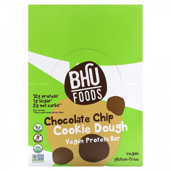 BHU Foods, Vegan Protein Bar, тесто для шоколадного печенья, 12 батончиков, 45 г (1,6 унции) BHU Foods, Vegan Protein Bar, тесто для шоколадного печенья, 12 батончиков, 45 г (1,6 унции)