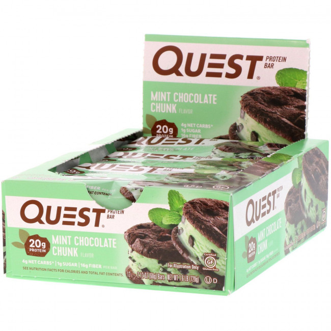Quest Nutrition, Белковый батончик, вкус кусочков мятного шоколада, 12 батончиков, 2,12 унции (60 г) каждый Quest Nutrition, Белковый батончик, вкус кусочков мятного шоколада, 12 батончиков, 2,12 унции (60 г) каждый