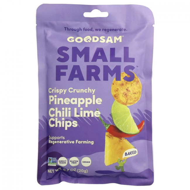 GoodSam, Small Farms™, хрустящие чипсы со вкусом ананаса, чили и лайма, 20 г (0,7 унции) GoodSam, Small Farms™, хрустящие чипсы со вкусом ананаса, чили и лайма, 20 г (0,7 унции)