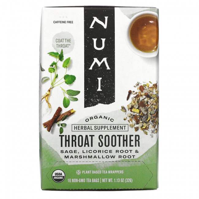 Numi Tea, Organic, успокаивающее средство для горла, без кофеина, 16 чайных пакетиков без ГМО, 32 г (1,13 унции) Numi Tea, Organic, успокаивающее средство для горла, без кофеина, 16 чайных пакетиков без ГМО, 32 г (1,13 унции)