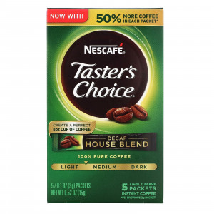 Nescaf?, Taster's Choice, растворимый кофе, домашняя смесь, легкая / средняя обжарка, без кофеина, 5 пакетиков по 3 г (0,1 унции)