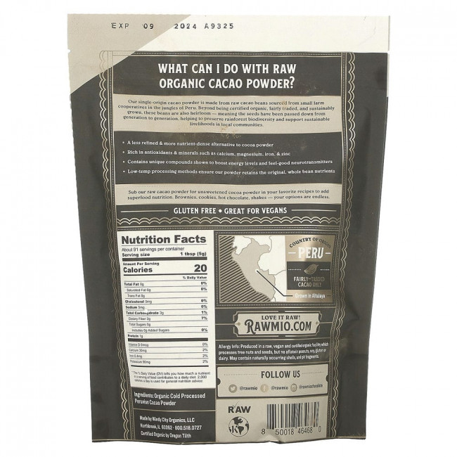 Rawmio, Raw Organic Cacao Powder, Unsweetened, 1 lb (16 oz)
