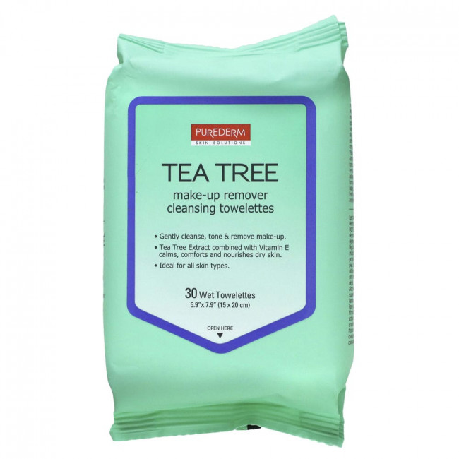 Purederm, Make-Up Remover Cleansing Towelettes, Tea Tree, 30 Wet Towelettes