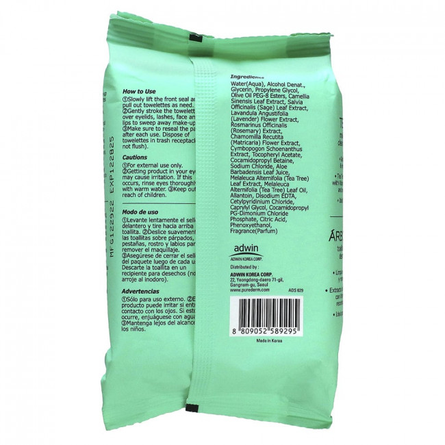 Purederm, Make-Up Remover Cleansing Towelettes, Tea Tree, 30 Wet Towelettes