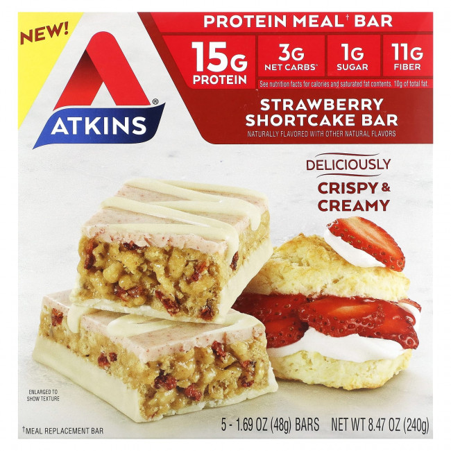 Atkins, Protein Meal Bar, батончик с клубничным пирожным, 5 батончиков, 48 г (1,69 унции) Atkins, Protein Meal Bar, батончик с клубничным пирожным, 5 батончиков, 48 г (1,69 унции)