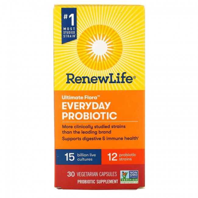 Renew Life, Ultimate Flora, пробиотик для ежедневного применения, 15 миллиардов живых культур, 30 вегетарианских капсул Renew Life, Ultimate Flora, пробиотик для ежедневного применения, 15 миллиардов живых культур, 30 вегетарианских капсул