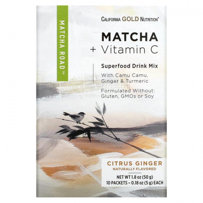 California Gold Nutrition, MATCHA ROAD, матча + витамин C и цитрусовый имбирь, 10 шт. California Gold Nutrition, MATCHA ROAD, матча + витамин C и цитрусовый имбирь, 10 шт.