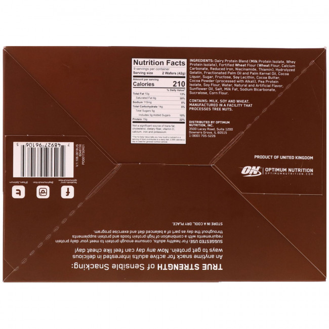 Optimum Nutrition, Протеиновые вафли, шоколадный крем, 9 упаковок, 42 г (1,48 унции) каждая Optimum Nutrition, Протеиновые вафли, шоколадный крем, 9 упаковок, 42 г (1,48 унции) каждая