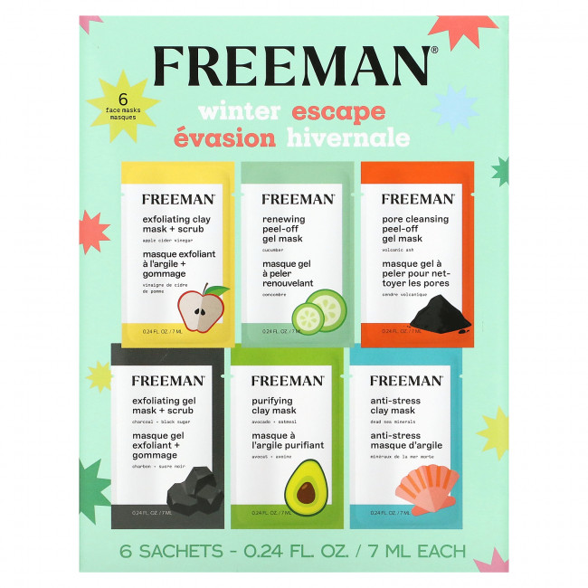Freeman Beauty, Winter Escape, косметические маски для лица, ассорти, 6 пакетиков по 7 мл (0,24 жидк. Унции) (Товар снят с продажи) Freeman Beauty, Winter Escape, косметические маски для лица, ассорти, 6 пакетиков по 7 мл (0,24 жидк. Унции) (Товар снят с продажи)