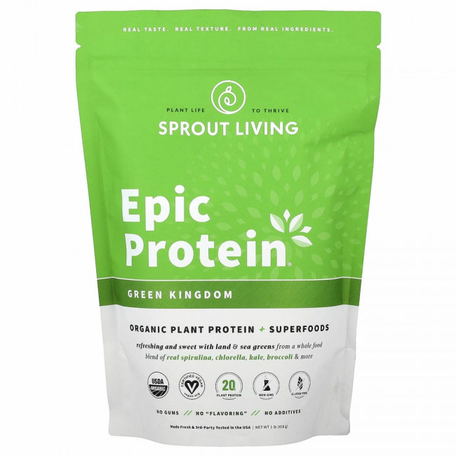 Sprout Living, Epic Protein, органический растительный протеин и суперпродукты, Green Kingdom, 455 г (1 фунт) Sprout Living, Epic Protein, органический растительный протеин и суперпродукты, Green Kingdom, 455 г (1 фунт)