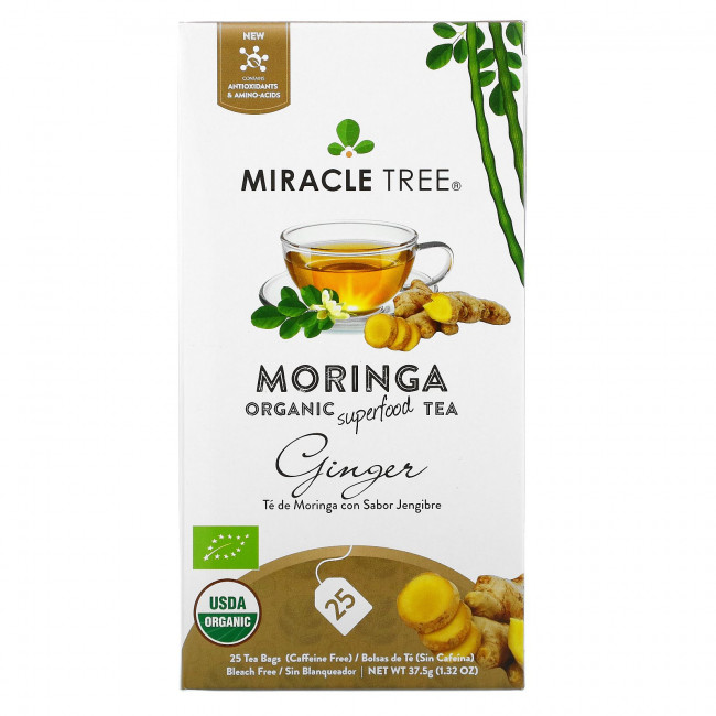 Miracle Tree, Moringa Organic Superfood Tea, с имбирем, без кофеина, 25 чайных пакетиков, 37,5 г (1,32 унции) Miracle Tree, Moringa Organic Superfood Tea, с имбирем, без кофеина, 25 чайных пакетиков, 37,5 г (1,32 унции)