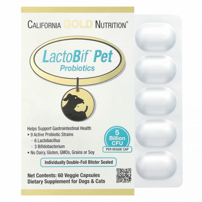 California Gold Nutrition, пробиотики LactoBif Pet, 5 млрд КОЕ, 60 растительных капсул California Gold Nutrition, пробиотики LactoBif Pet, 5 млрд КОЕ, 60 растительных капсул