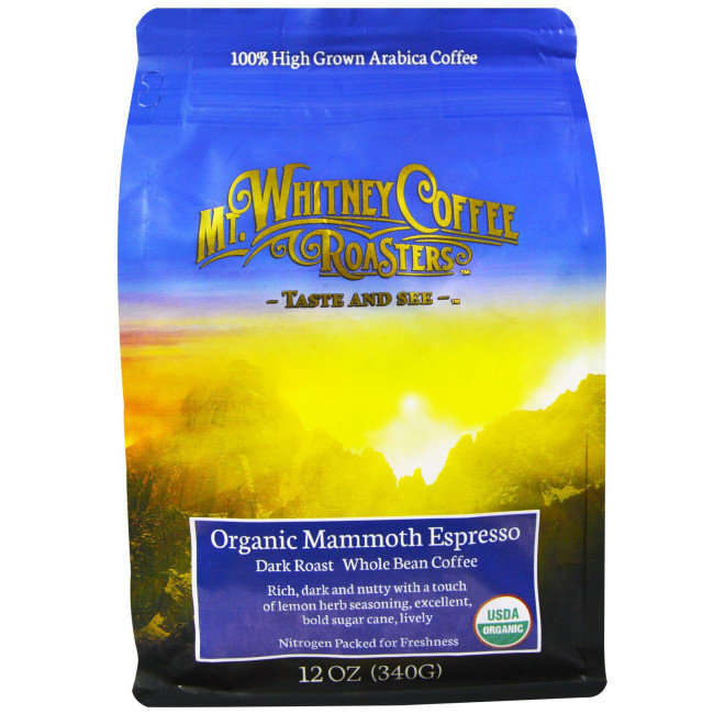 Mt. Whitney Coffee Roasters, Organic Mammoth Espresso, кофе из цельных зерен, темная обжарка, 340 г (12 унций) Mt. Whitney Coffee Roasters, Organic Mammoth Espresso, кофе из цельных зерен, темная обжарка, 340 г (12 унций)