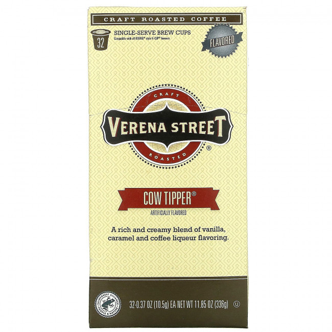Verena Street, Cow Tipper, ароматизированный, обжаренный кофе, 32 порционные чашки, 10,5 г (0,37 унции) каждая Verena Street, Cow Tipper, ароматизированный, обжаренный кофе, 32 порционные чашки, 10,5 г (0,37 унции) каждая