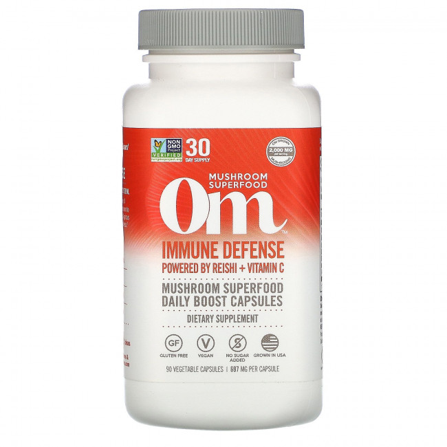 Om Mushrooms, Иммунная защита, на основе рейши и витамина C, 697 мг, 90 вегетарианских капсул Om Mushrooms, Иммунная защита, на основе рейши и витамина C, 697 мг, 90 вегетарианских капсул