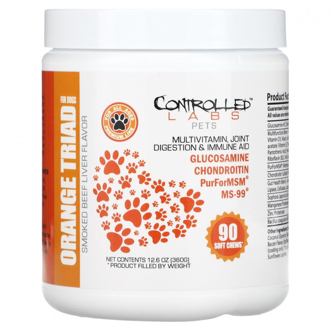 Controlled Labs Pets, Orange TRIad для собак, для всех возрастов, с копченой говяжьей печенью, 90 жевательных таблеток Controlled Labs Pets, Orange TRIad для собак, для всех возрастов, с копченой говяжьей печенью, 90 жевательных таблеток