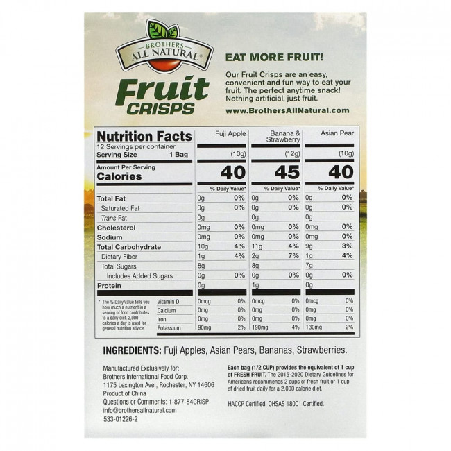 Brothers-All-Natural, Fruit Crisps Variety Pack, 12 Single Serve Bags, 0.35 oz (10 g) Each