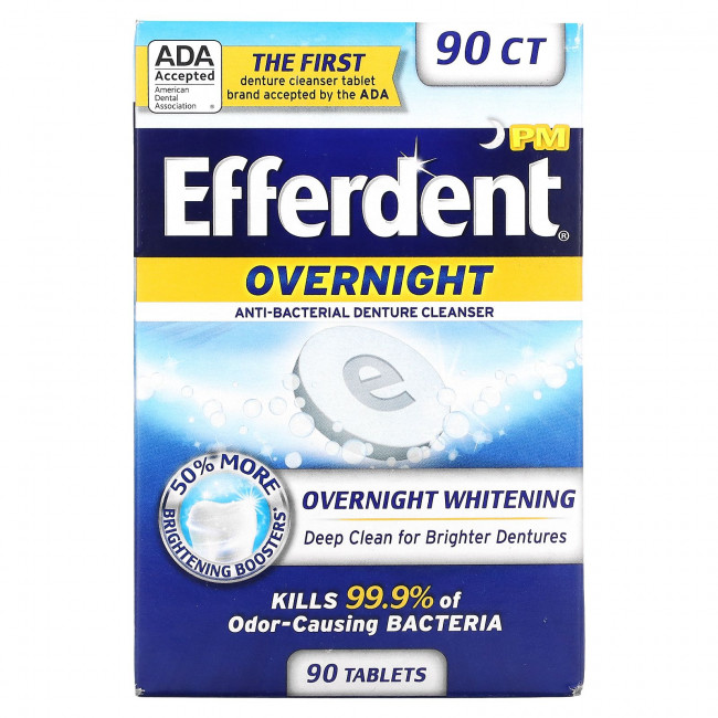 Efferdent, Антибактериальное средство для очищения зубных протезов, ночное отбеливание, 90 таблеток Efferdent, Антибактериальное средство для очищения зубных протезов, ночное отбеливание, 90 таблеток