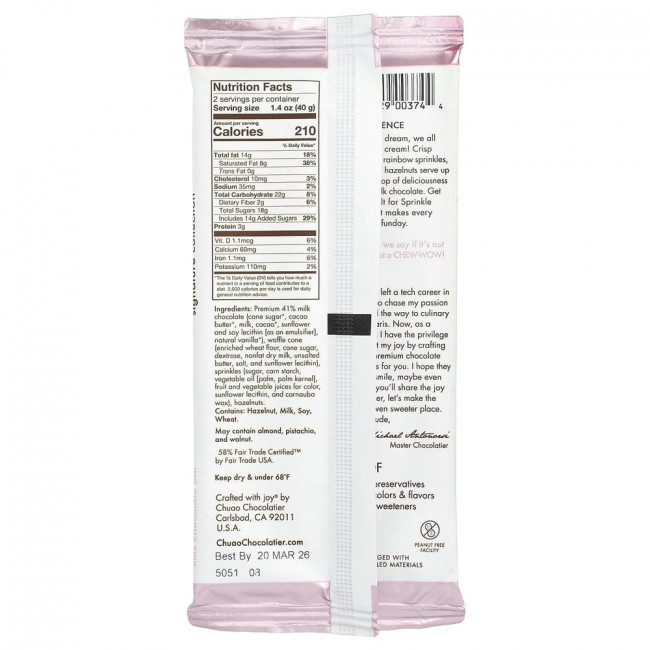 Шоколадная плитка Chuao Chocolatier, молочный шоколад Sprinkle Dreams™, 80 г (2,8 унции) Шоколадная плитка Chuao Chocolatier, молочный шоколад Sprinkle Dreams™, 80 г (2,8 унции)