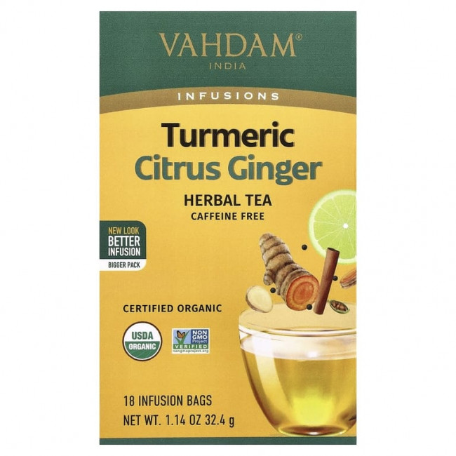 VAHDAM India, Infusions, травяной чай, куркума и имбирь, без кофеина, 18 пакетиков для заваривания, 32,4 г (1,14 унции)