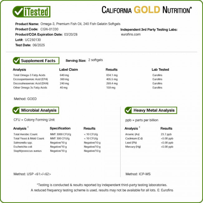 California Gold Nutrition, омега-3, рыбий жир премиального качества, 180 мг ЭПК / 120 мг ДГК, 240 капсул из рыбьего желатина California Gold Nutrition, омега-3, рыбий жир премиального качества, 180 мг ЭПК / 120 мг ДГК, 240 капсул из рыбьего желатина