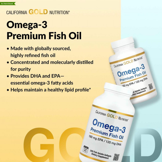 California Gold Nutrition, омега-3, рыбий жир премиального качества, 180 мг ЭПК / 120 мг ДГК, 240 капсул из рыбьего желатина California Gold Nutrition, омега-3, рыбий жир премиального качества, 180 мг ЭПК / 120 мг ДГК, 240 капсул из рыбьего желатина