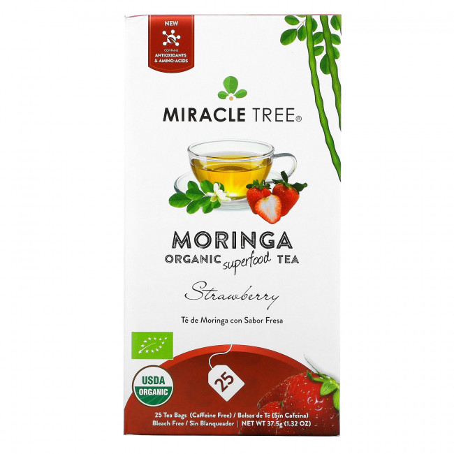 Miracle Tree, Moringa Organic Superfood Tea, клубника, без кофеина, 25 чайных пакетиков, 37,5 г (1,32 унции) Miracle Tree, Moringa Organic Superfood Tea, клубника, без кофеина, 25 чайных пакетиков, 37,5 г (1,32 унции)