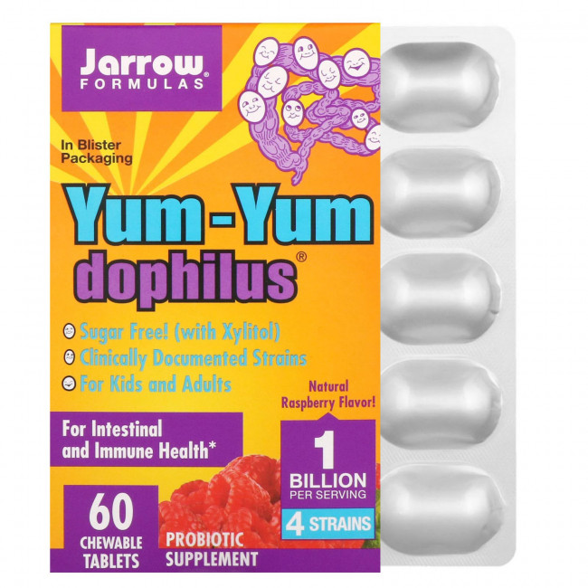 Jarrow Formulas, Yum-Yum Dophilus без сахара !, натуральный малиновый вкус, 60 жевательных таблеток Jarrow Formulas, Yum-Yum Dophilus без сахара !, натуральный малиновый вкус, 60 жевательных таблеток
