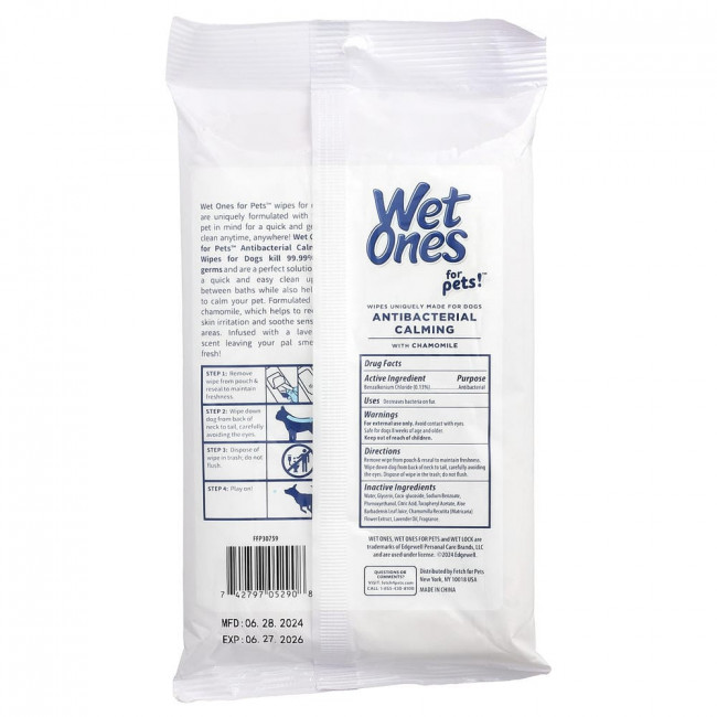 Влажные антибактериальные успокаивающие салфетки Wet Ones For Pets™ для собак, лаванда, 30 штук.