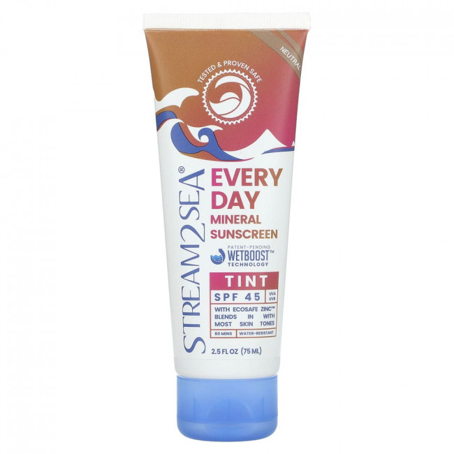 Stream2Sea, Ежедневный минеральный солнцезащитный тоник, SPF 45, нейтральный, 75 мл (2,5 жидк. Унции)