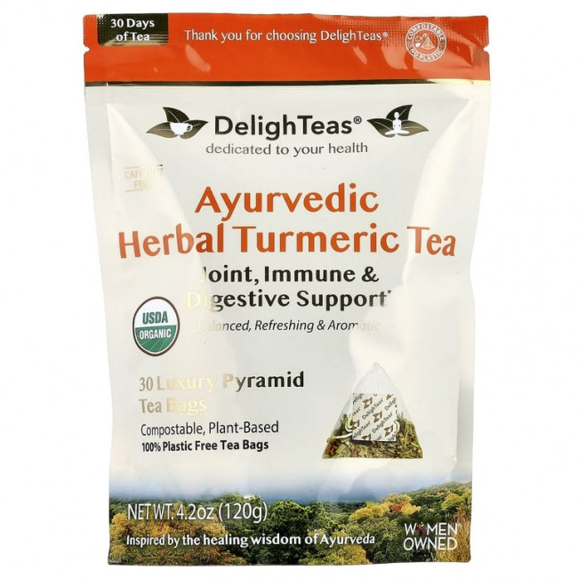DelighTeas, Аюрведический травяной чай с куркумой, без кофеина, 30 роскошных чайных пакетиков в форме пирамидки, 120 г (4,2 унции) DelighTeas, Аюрведический травяной чай с куркумой, без кофеина, 30 роскошных чайных пакетиков в форме пирамидки, 120 г (4,2 унции)