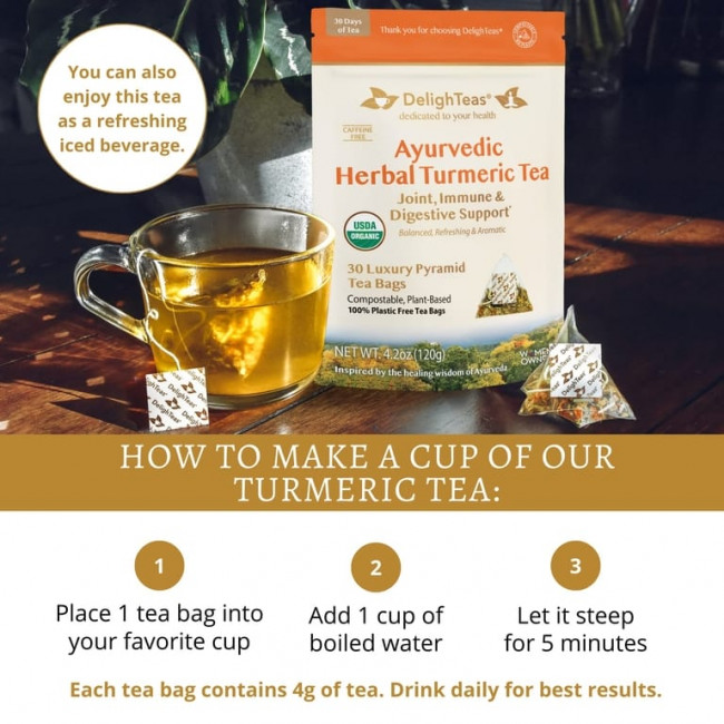 DelighTeas, Аюрведический травяной чай с куркумой, без кофеина, 30 роскошных чайных пакетиков в форме пирамидки, 120 г (4,2 унции) DelighTeas, Аюрведический травяной чай с куркумой, без кофеина, 30 роскошных чайных пакетиков в форме пирамидки, 120 г (4,2 унции)
