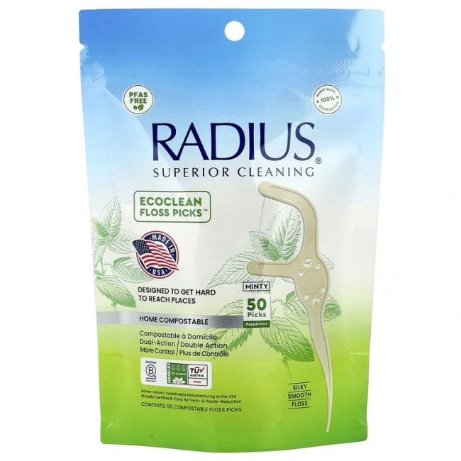 RADIUS, EcoClean Floss Picks ™, мятная мята, 50 компостируемых зубочисток RADIUS, EcoClean Floss Picks ™, мятная мята, 50 компостируемых зубочисток