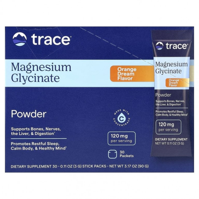 Trace, глицинат магния, в порошке, со вкусом апельсина, 30 пакетиков по 3 г (0,11 унции) Trace, глицинат магния, в порошке, со вкусом апельсина, 30 пакетиков по 3 г (0,11 унции)