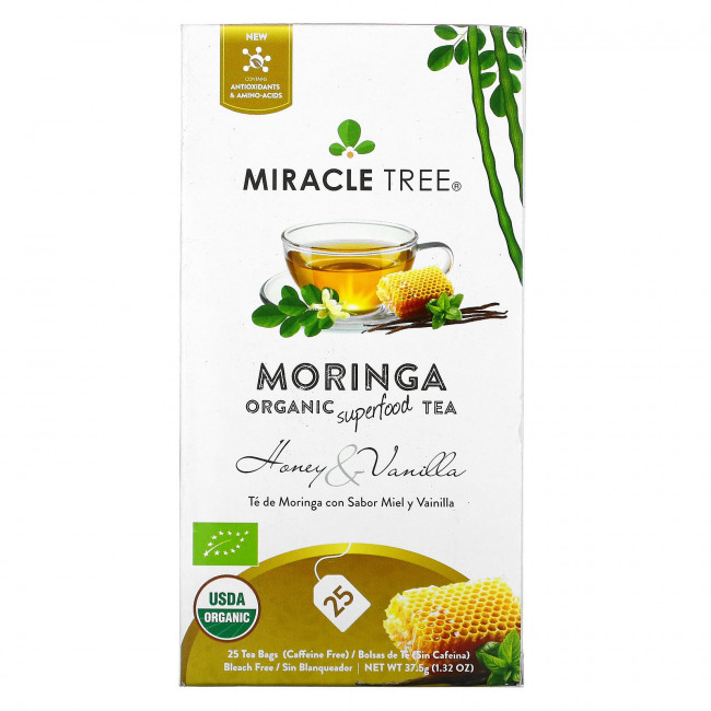 Miracle Tree, Moringa Organic Superfood Tea, мед и ваниль, без кофеина, 25 чайных пакетиков, 37,5 г (1,32 унции) Miracle Tree, Moringa Organic Superfood Tea, мед и ваниль, без кофеина, 25 чайных пакетиков, 37,5 г (1,32 унции)