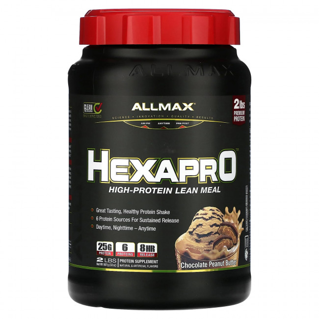 ALLMAX, Hexapro, постная еда с высоким содержанием белка, шоколад и арахисовая паста, 907 г (2 фунта) ALLMAX, Hexapro, постная еда с высоким содержанием белка, шоколад и арахисовая паста, 907 г (2 фунта)
