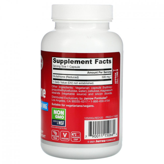 Jarrow Formulas, глутатион восстановленный, 500 мг, 120 вегетарианских капсул Jarrow Formulas, глутатион восстановленный, 500 мг, 120 вегетарианских капсул