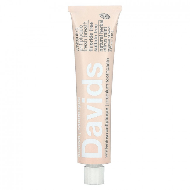 Davids Natural Toothpaste, Зубная паста премиум-класса, отбеливающая + защита от зубного налета, натуральная травяная цитрусовая мята, 149 г (5,25 унции)